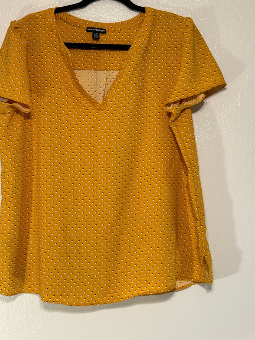 Hilary Radley Mustard Yellow Polka Dot Blouse Size Large V-Neck Short Sleeve